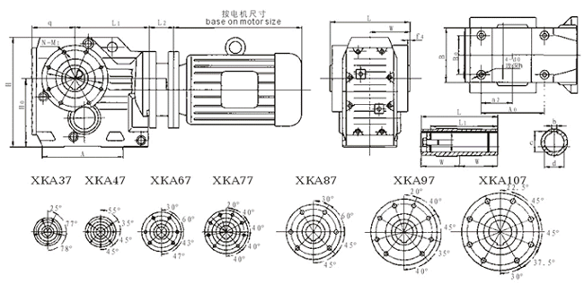 XKA37、XKA47、XKA67、XKA77、XKA87、XKA97、XKA107系列螺旋傘齒輪減速機安裝尺寸