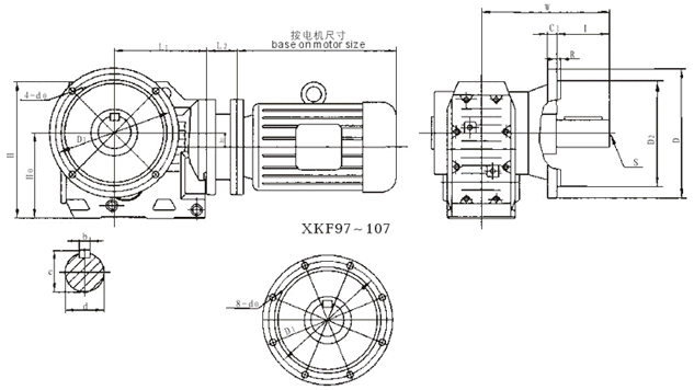 XKF37、XKF47、XKF67、XKF77、XKF87、XKF97、XKF107、系列螺旋傘齒輪減速機安裝尺寸